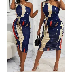 Abstract Print One Shoulder Ruched Bodycon Dress