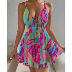 Abstract Print Plunge Backless Layered Dress