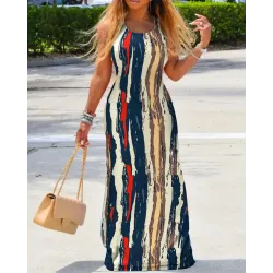 Abstract Print Striped Sleeveless Maxi Dress