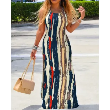 Abstract Print Striped Sleeveless Maxi Dress