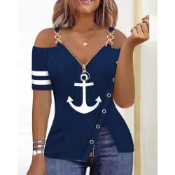 Anchor Print Zip Detail Split Hem Cold Shoulder Top