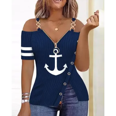 Anchor Print Zip Detail Split Hem Cold Shoulder Top