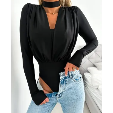 Asymmetrical Neck Long Sleeve Ruched Bodysuit