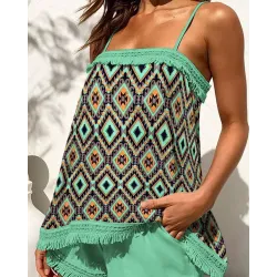 Aztec Geometric Print Tassel Trim Cami Top & Shorts Set