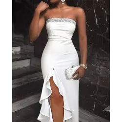 Bandeau Glitter Patch High Slit Ruffles Evening Dress