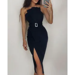 Bandeau High Slit Ruched Party Dress With Belt