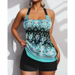 Baroque Print U-Neck High Waist Tankini Set