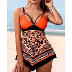 Baroque Tribal Print Cross Strap Swim Dress & Panty Set