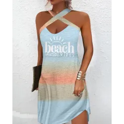 Beach Vibes Sun Print Ombre Cross Halter Casual Dress