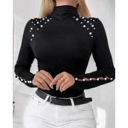 Beaded Decor Hollow Out Long Sleeve Top