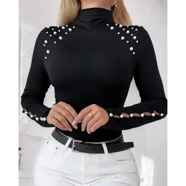 Beaded Decor Hollow Out Long Sleeve Top