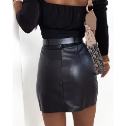 Beaded PU Leather Skirt