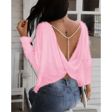 Beaded Strap Twisted Backless Fuzzy Top