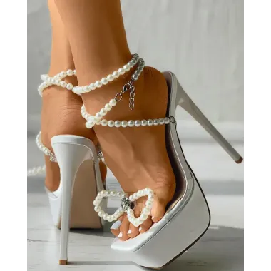 Beaded Strappy Bowknot Clear Perspex Platform Heels