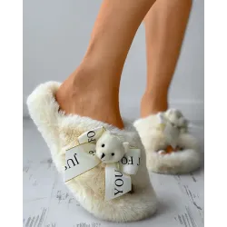 Bear Bowknot Decor Bandage Fluffy Slippers