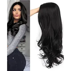 Black Wavy Wigs 24 Inches Long Curly Wig Synthetic Party Wigs Middle Part Full Wigs Natural Looking