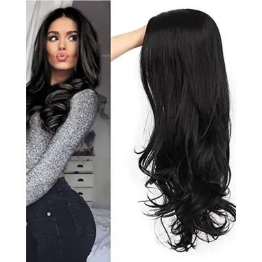 Black Wavy Wigs 24 Inches Long Curly Wig Synthetic Party Wigs Middle Part Full Wigs Natural Looking