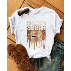 Brown Sugar Lip Print Crew Neck Casual T-shirt