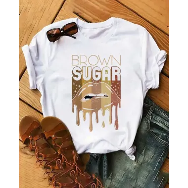 Brown Sugar Lip Print Crew Neck Casual T-shirt