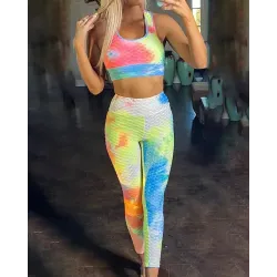 BubbleÂ Textured Tie Dye Print Sporty Top & Wide Waistband Pants Set