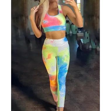 BubbleÂ Textured Tie Dye Print Sporty Top & Wide Waistband Pants Set