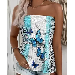 Butterfly Contrast Leopard Print Shirred Tank Top