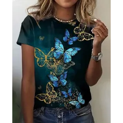 Butterfly Print Round Neck Short Sleeve Casual T-shirt