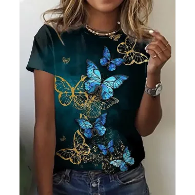 Butterfly Print Round Neck Short Sleeve Casual T-shirt