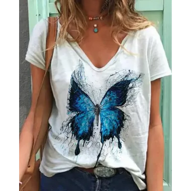 Butterfly Print Short Sleeve V-Neck Casual T-shirt