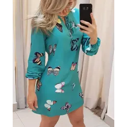 Butterfly Print Tie Front Long Sleeve Dress