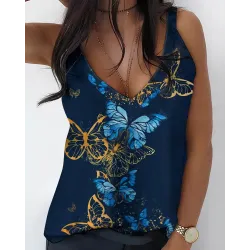 Butterfly Print V-Neck Casual Tank Top