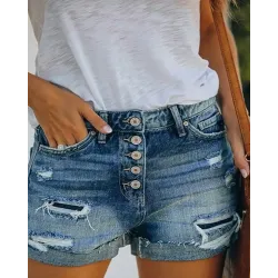 Button Design Distressed Rolled Hem Denim Shorts