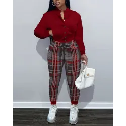 Button Front Bomber Jacket & Plaid Pants Set