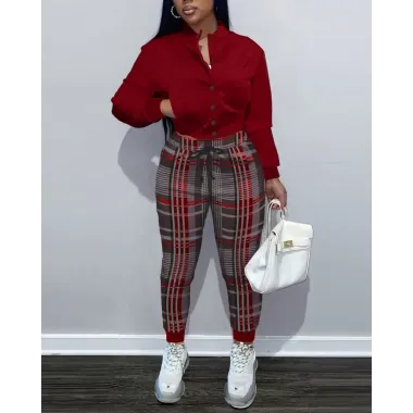 Button Front Bomber Jacket & Plaid Pants Set