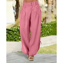 Button Pocket Design Drawstring Wide Leg Pants