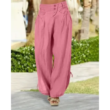 Button Pocket Design Drawstring Wide Leg Pants