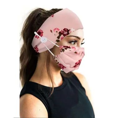 Button Wide Headband Elastic Facemask Holder With Mouth Mask