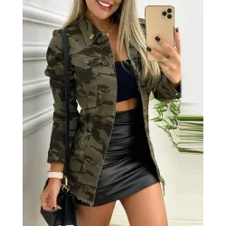 Camouflage Print Buttoned Pocket Design Jacket