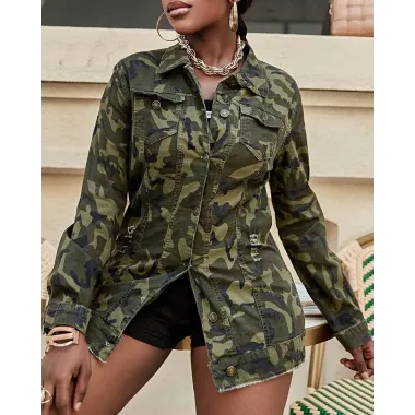 Camouflage Print Buttoned Pocket Design Jacket