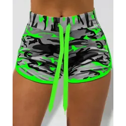 Camouflage Print Drawstring High Waist Shorts