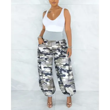 Camouflage Print High Waist Pocket Design Harem Pants