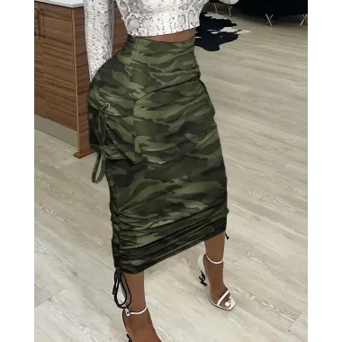 Camouflage Print Pocket Design Ruched Maxi Skirt