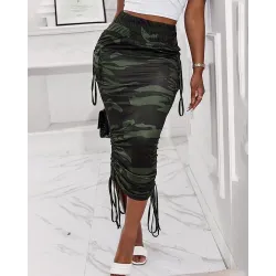 Camouflage Print Pocket Design Ruched Maxi Skirt