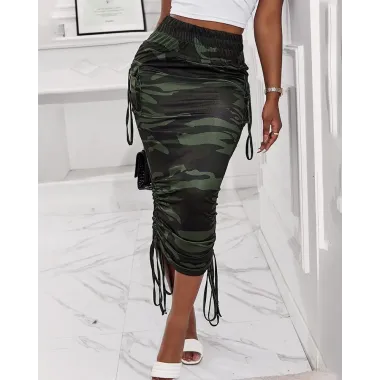 Camouflage Print Pocket Design Ruched Maxi Skirt