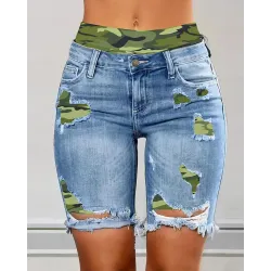 Camouflage Print Ripped 2-In-1 Denim Shorts