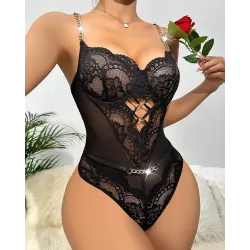 Chain Decor Sheer Mesh Cutout Lace Teddy