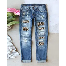 Cheetah Pattern Ripped High Waist Jeans