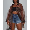 Cheetah Print Lantern Sleeve Buttoned Mesh Cover Up