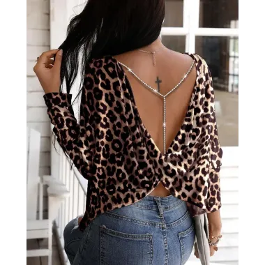 Cheetah Print Rhinestone Backless Twisted Top