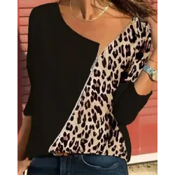 Cheetah Print Zipper Front Long Sleeve Casual Top